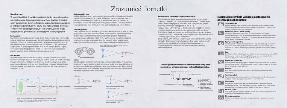 Inne ważne wielkości decydujące o własnościach sprzętu optycznego, to: pole widzenia, jasność obrazu, wodoszczelność, przydatność dla osób noszących okulary, ergonomia.