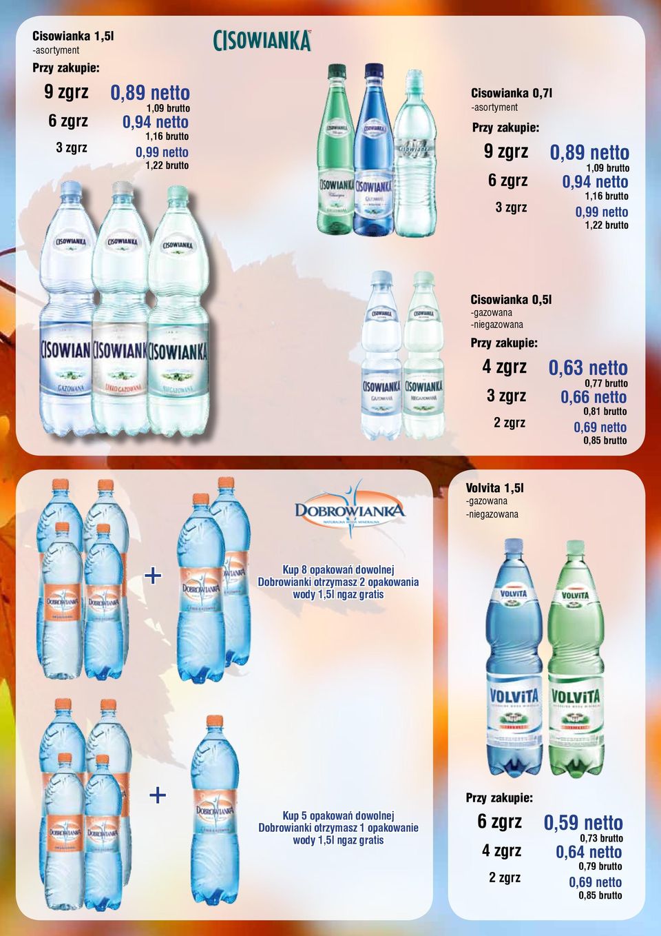 brutto 0,69 netto 0,85 brutto Volvita 1,5l -gazowana -niegazowana Kup 8 opakowań dowolnej Dobrowianki otrzymasz 2 opakowania wody 1,5l