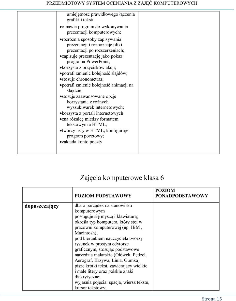 zaawansowane opcje korzystania z różnych wyszukiwarek internetowych; korzysta z portali internetowych zna różnicę między formatem tekstowym a HTML; tworzy listy w HTML; konfiguruje program pocztowy;