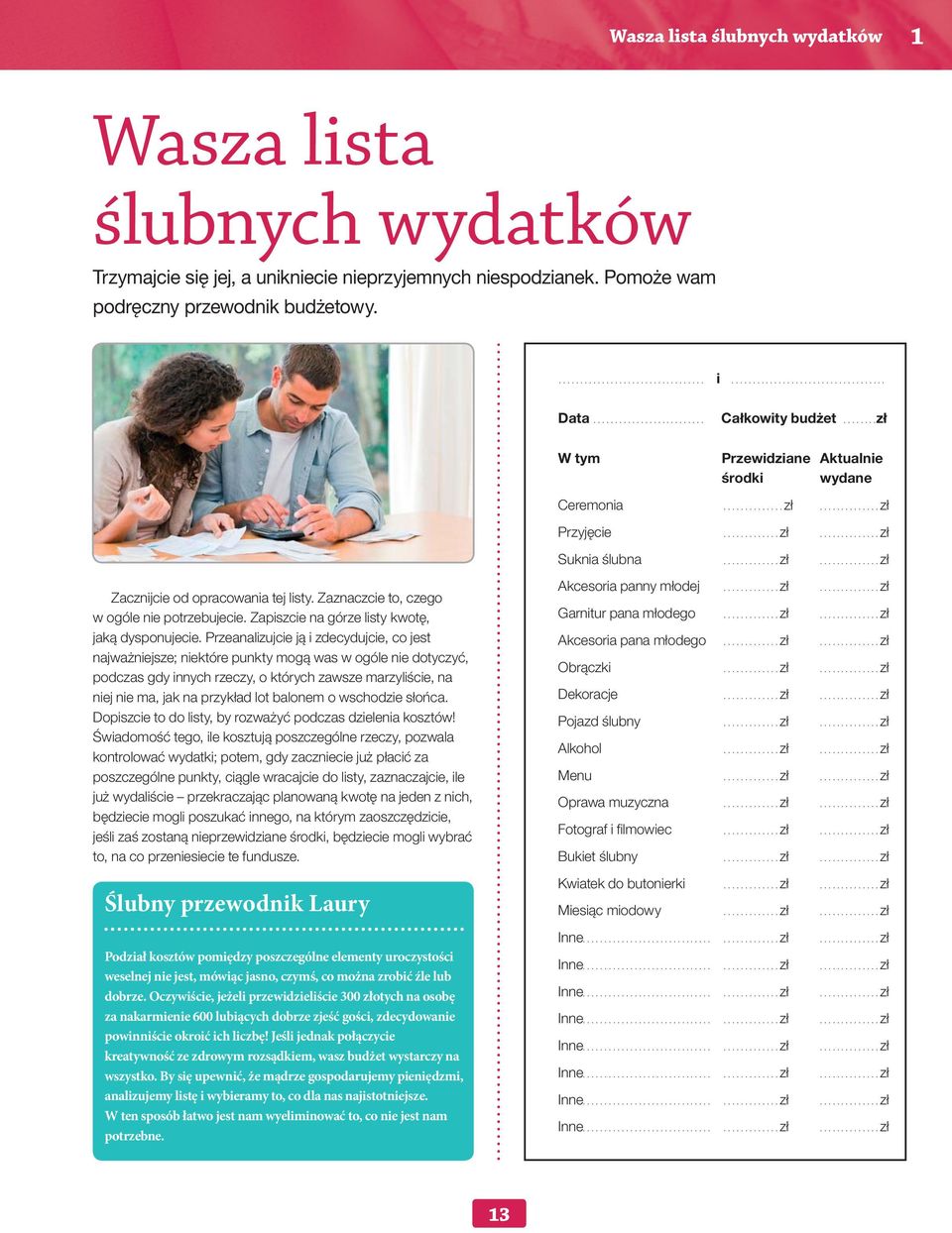 ............ zł.............. zł Zacznijcie od opracowania tej listy. Zaznaczcie to, czego w ogóle nie potrzebujecie. Zapiszcie na górze listy kwotę, jaką dysponujecie.