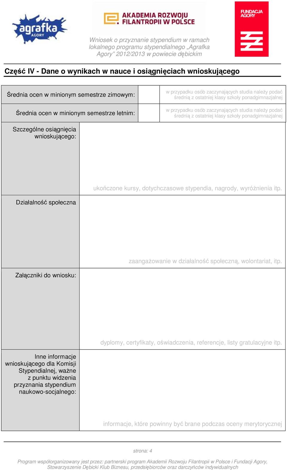 wnioskującego: ukończone kursy, dotychczasowe stypendia, nagrody, wyróżnienia itp. Działalność społeczna zaangażowanie w działalność społeczną, wolontariat, itp.