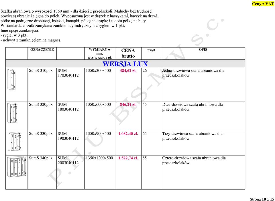 W standardzie szafa zamykana zamkiem cylindrycznym z ryglem w 1 pkt. Inne opcje zamknięcia: - rygiel w 3 pkt., - uchwyt z zamknięciem na magnes. OZNACZENIE SumS 310p lx 1703040112 WYMIARY w mm. wys.