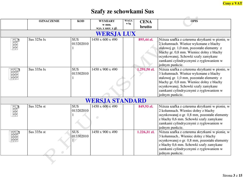 Wieńce wykonane z blachy stalowej gr. 1,0 mm, pozostałe elementy z blachy gr. 0,8 mm. Wieniec dolny z blachy ocynkowanej. Schowki szafy zamykane zamkami cylindrycznymi z ryglowaniem w jednym punkcie.