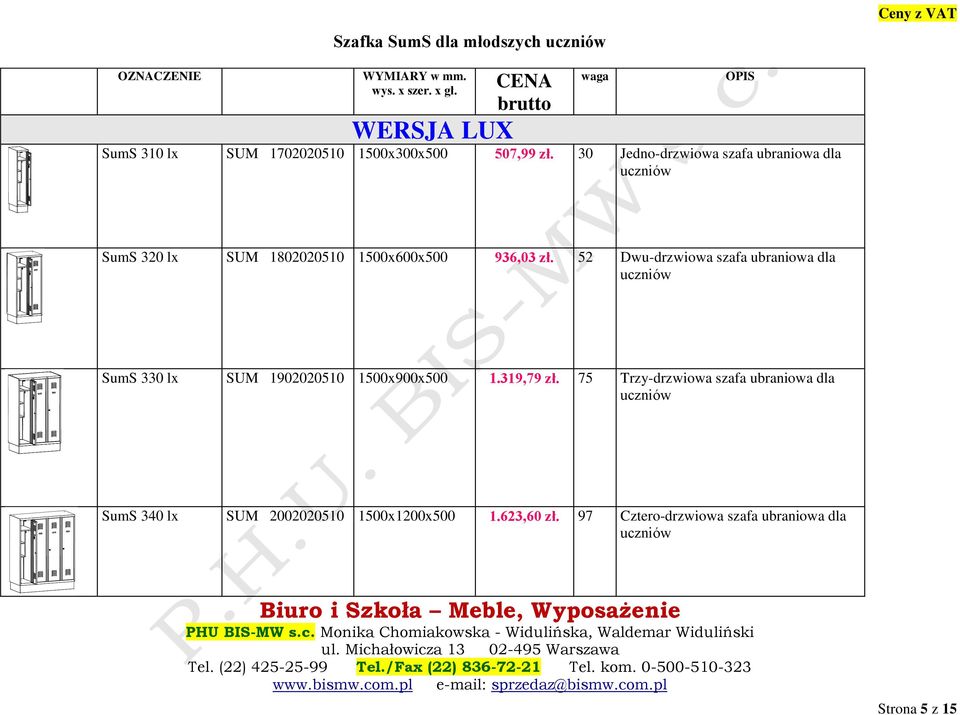 75 Trzy-drzwiowa szafa ubraniowa dla SumS 340 lx 2002020510 1500x1200x500 1.623,60 zł. 97 Cztero-drzwiowa szafa ubraniowa dla Biuro i Szkoła Meble, Wyposażenie PHU BIS-MW s.c.