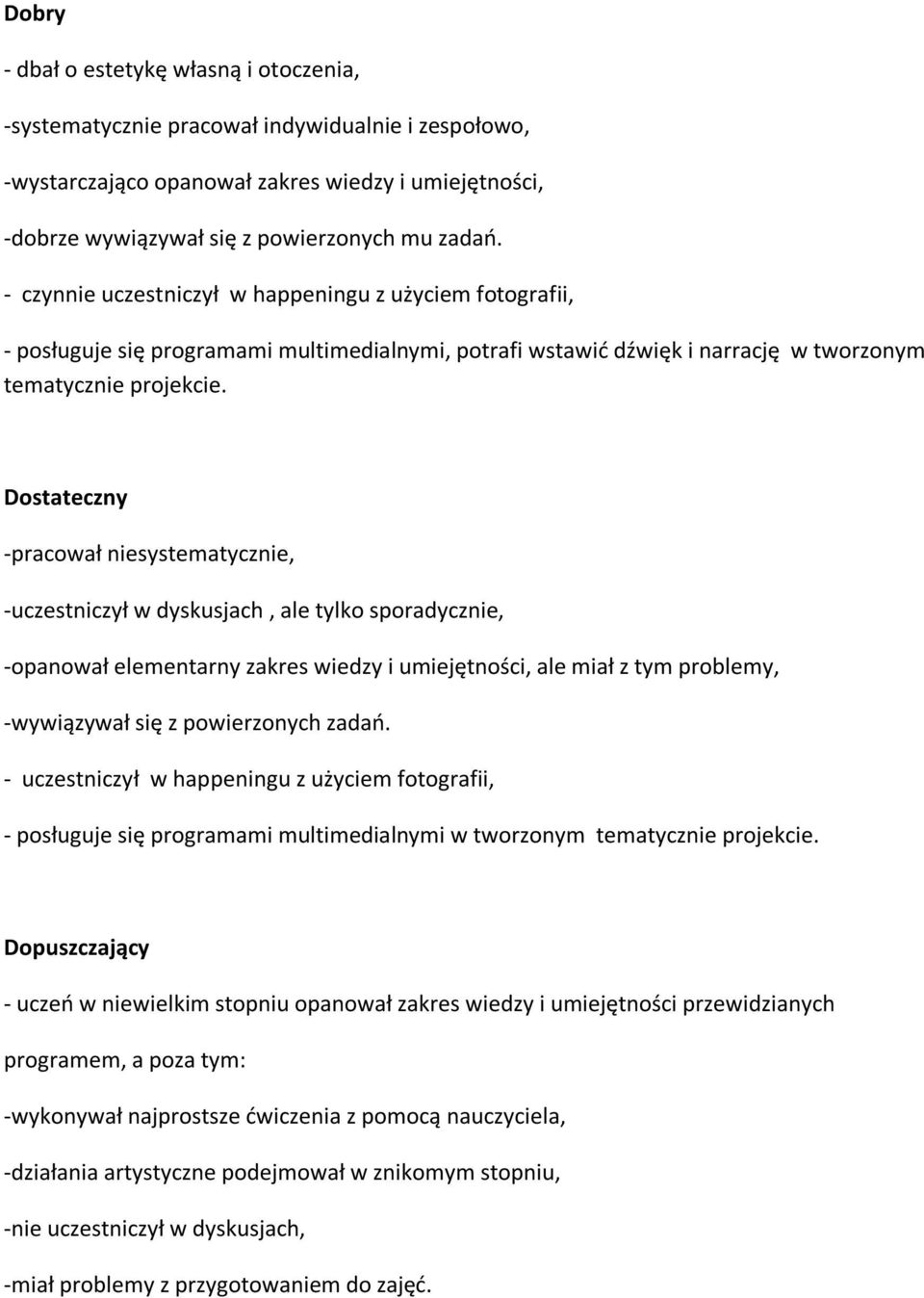 Dostateczny -pracował niesystematycznie, -uczestniczył w dyskusjach, ale tylko sporadycznie, -opanował elementarny zakres wiedzy i umiejętności, ale miał z tym problemy, -wywiązywał się z