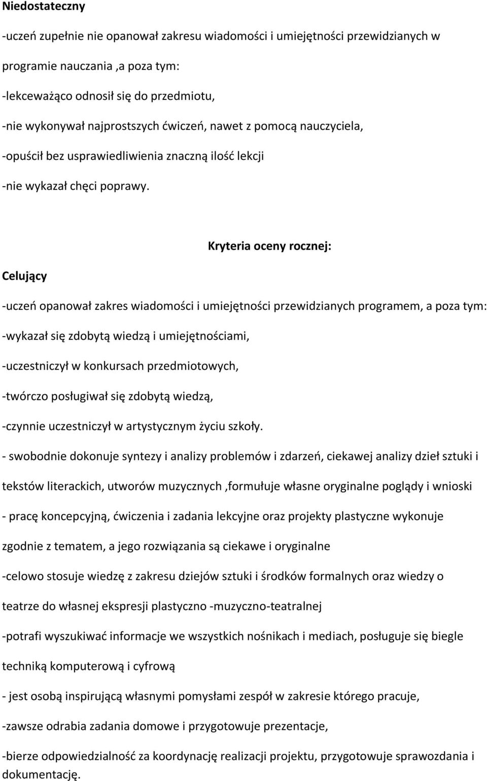 Celujący Kryteria oceny rocznej: -uczeo opanował zakres wiadomości i umiejętności przewidzianych programem, a poza tym: -wykazał się zdobytą wiedzą i umiejętnościami, -uczestniczył w konkursach