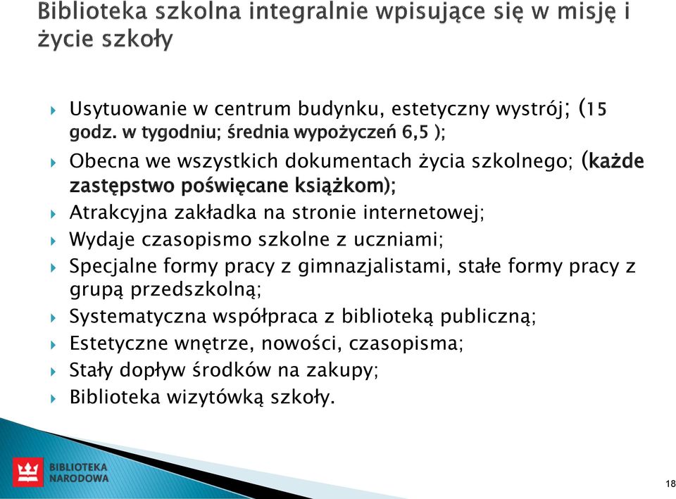 książkom); Atrakcyjna zakładka na stronie internetowej; Wydaje czasopismo szkolne z uczniami; Specjalne formy pracy z