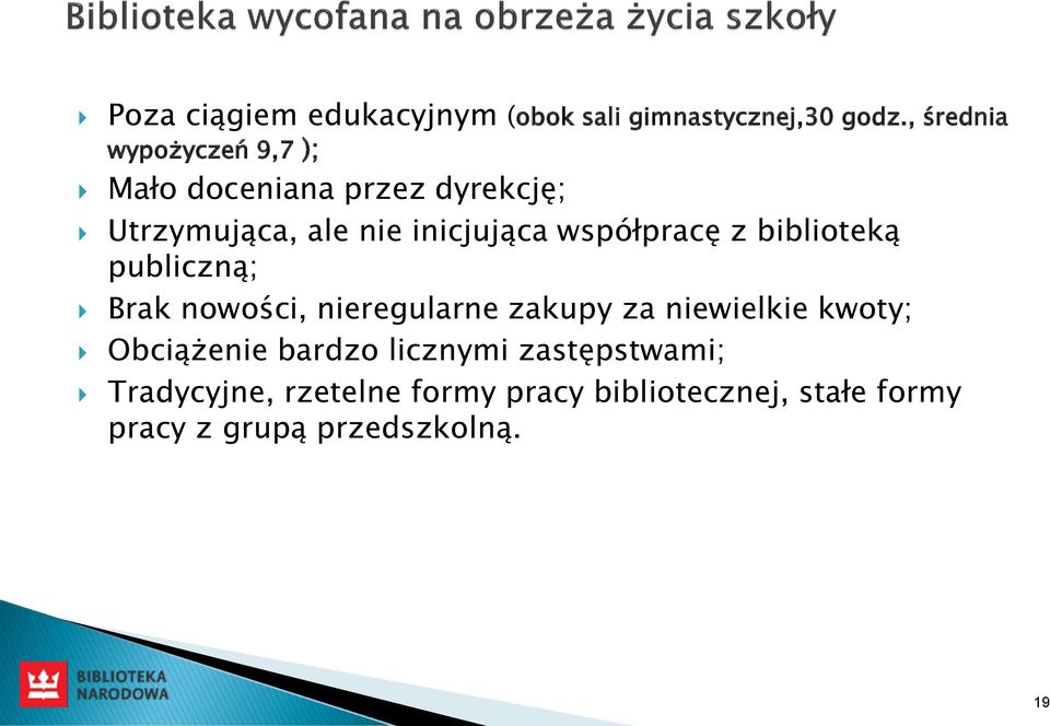 współpracę z biblioteką publiczną; Brak nowości, nieregularne zakupy za niewielkie kwoty;