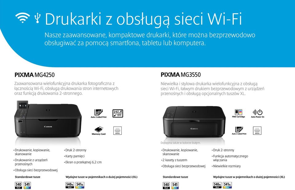 Niewielka i stylowa drukarka wielofunkcyjna z obsługą sieci Wi-Fi, łatwym drukiem bezprzewodowym z urządzeń przenośnych i obsługą opcjonalnych tuszów XL. Dostępna także w kolorze białym.