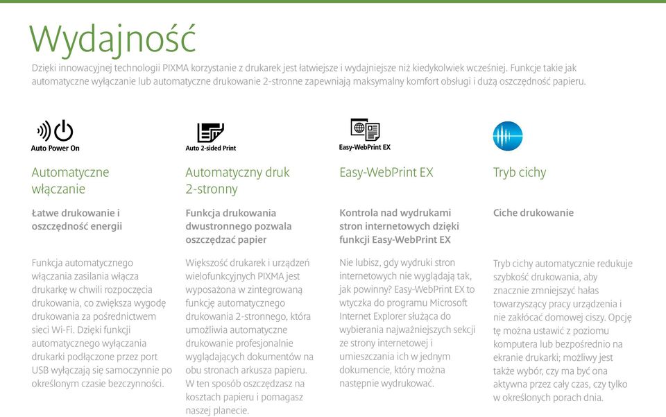 Automatyczne włączanie Automatyczny druk 2-stronny Easy-WebPrint EX Tryb cichy Łatwe drukowanie i oszczędność energii Funkcja drukowania dwustronnego pozwala oszczędzać papier Kontrola nad wydrukami