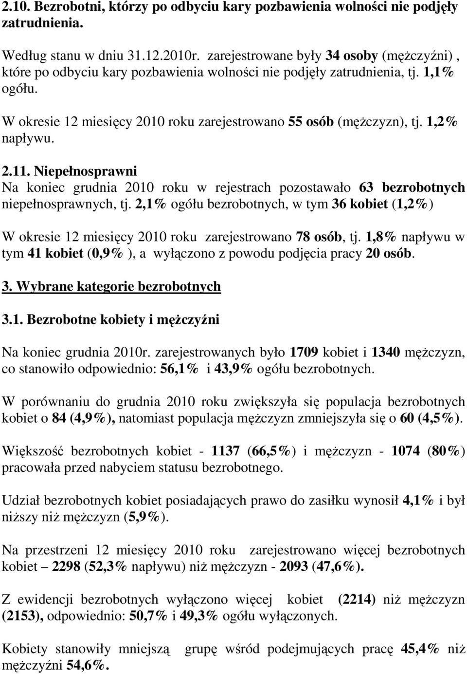 1,2% napływu. 2.11. Niepełnosprawni Na koniec grudnia 2010 roku w rejestrach pozostawało 63 bezrobotnych niepełnosprawnych, tj.