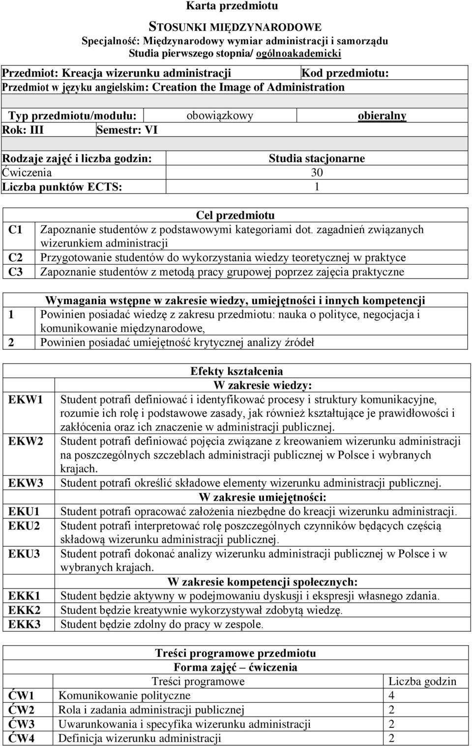 Ćwiczenia 30 Liczba punktów ECTS: 1 C1 C2 C3 Cel przedmiotu Zapoznanie studentów z podstawowymi kategoriami dot.