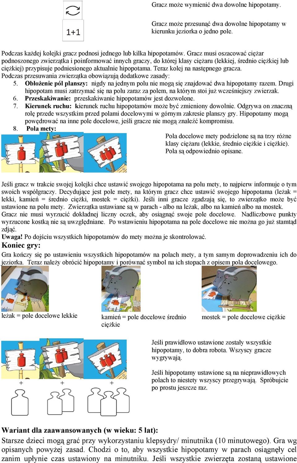 Teraz kolej na następnego gracza. Podczas przesuwania zwierzątka obowiązują dodatkowe zasady: 5. Obłożenie pól planszy: nigdy na jednym polu nie mogą się znajdować dwa hipopotamy razem.