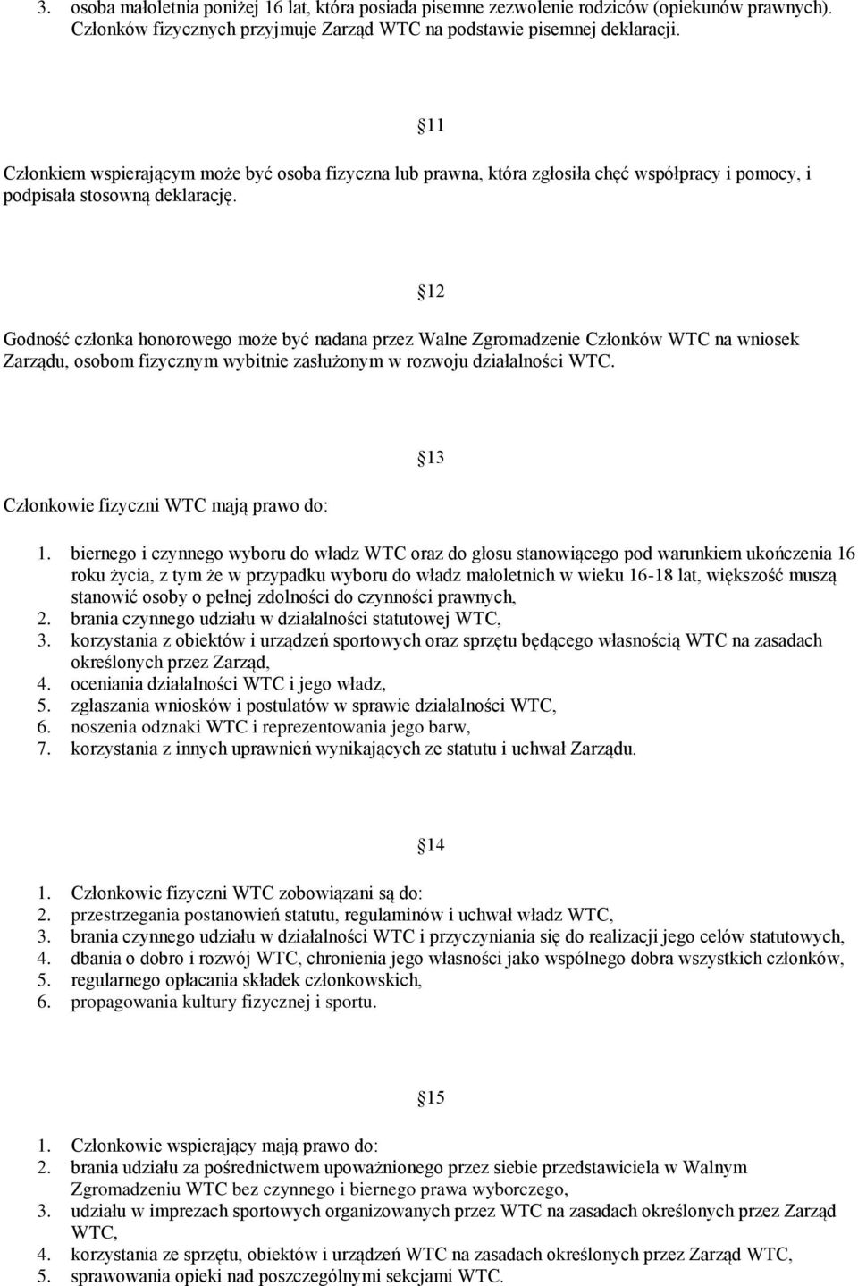 11 Godność członka honorowego może być nadana przez Walne Zgromadzenie Członków WTC na wniosek Zarządu, osobom fizycznym wybitnie zasłużonym w rozwoju działalności WTC.