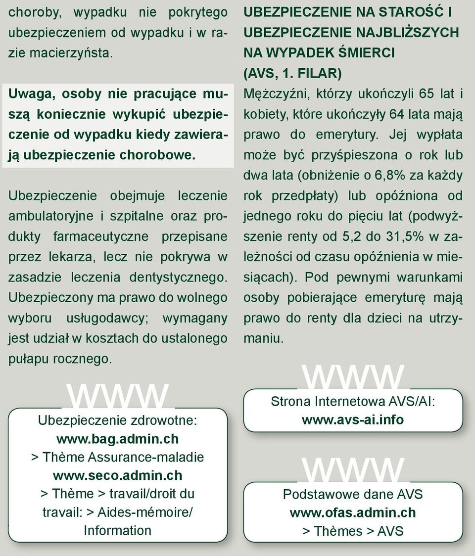 Ubezpieczony ma prawo do wolnego wyboru usługodawcy; wymagany jest udział w kosztach do ustalonego pułapu rocznego. Ubezpieczenie zdrowotne:.bag.admin.