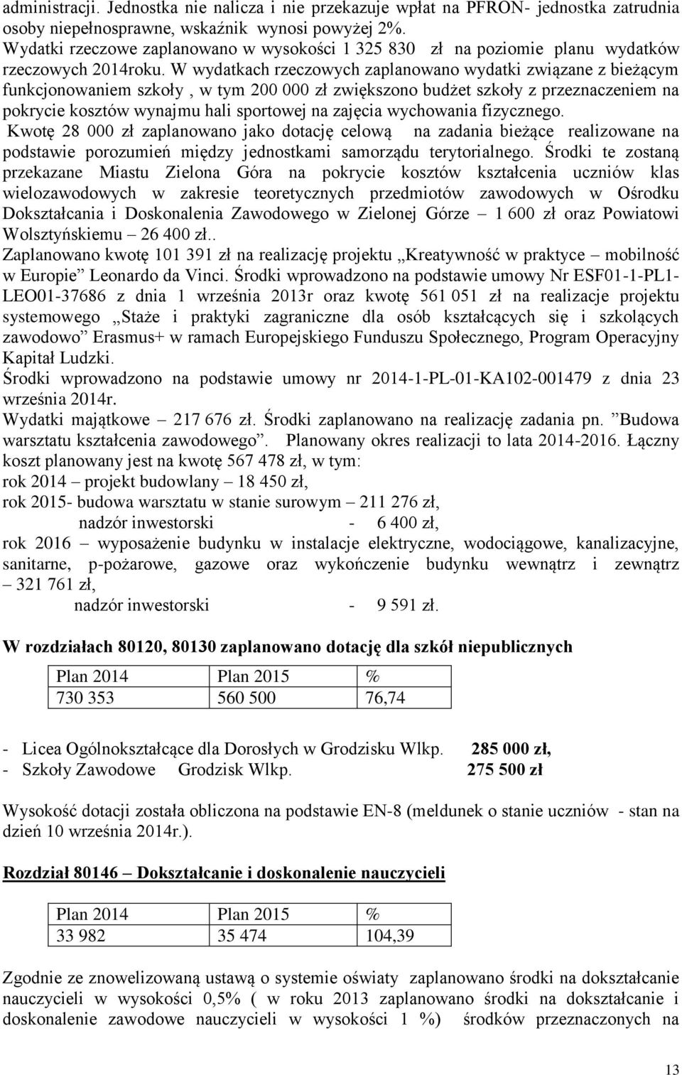W wydatkach rzeczowych zaplanowano wydatki związane z bieżącym funkcjonowaniem szkoły, w tym 200 000 zł zwiększono budżet szkoły z przeznaczeniem na pokrycie kosztów wynajmu hali sportowej na zajęcia