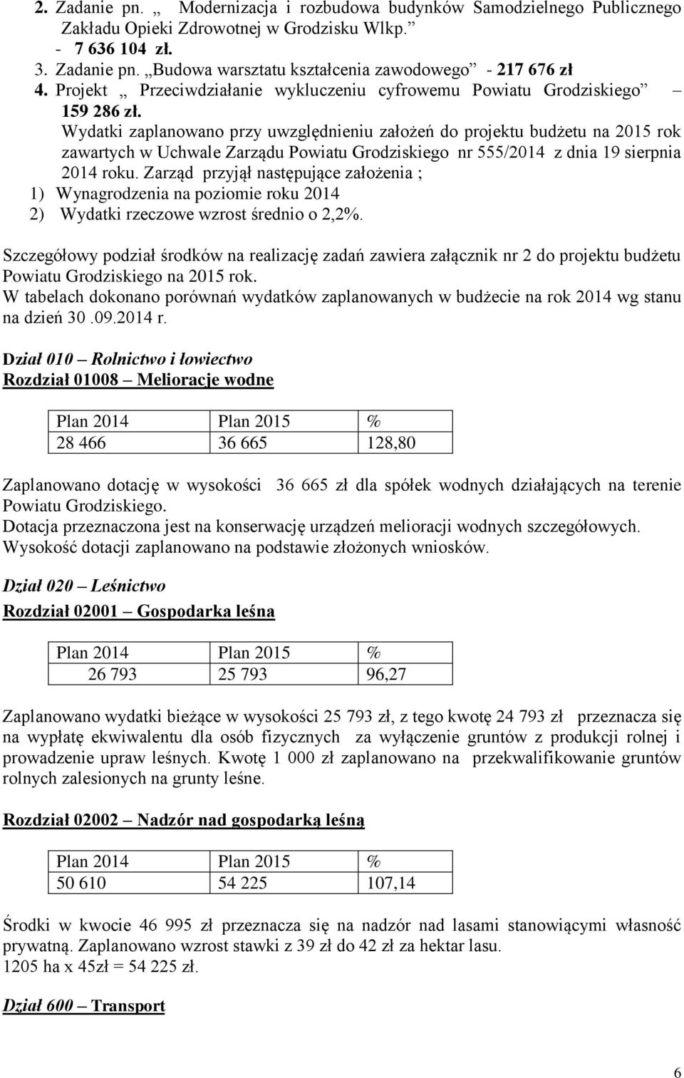 Wydatki zaplanowano przy uwzględnieniu założeń do projektu budżetu na 2015 rok zawartych w Uchwale Zarządu Powiatu Grodziskiego nr 555/2014 z dnia 19 sierpnia 2014 roku.