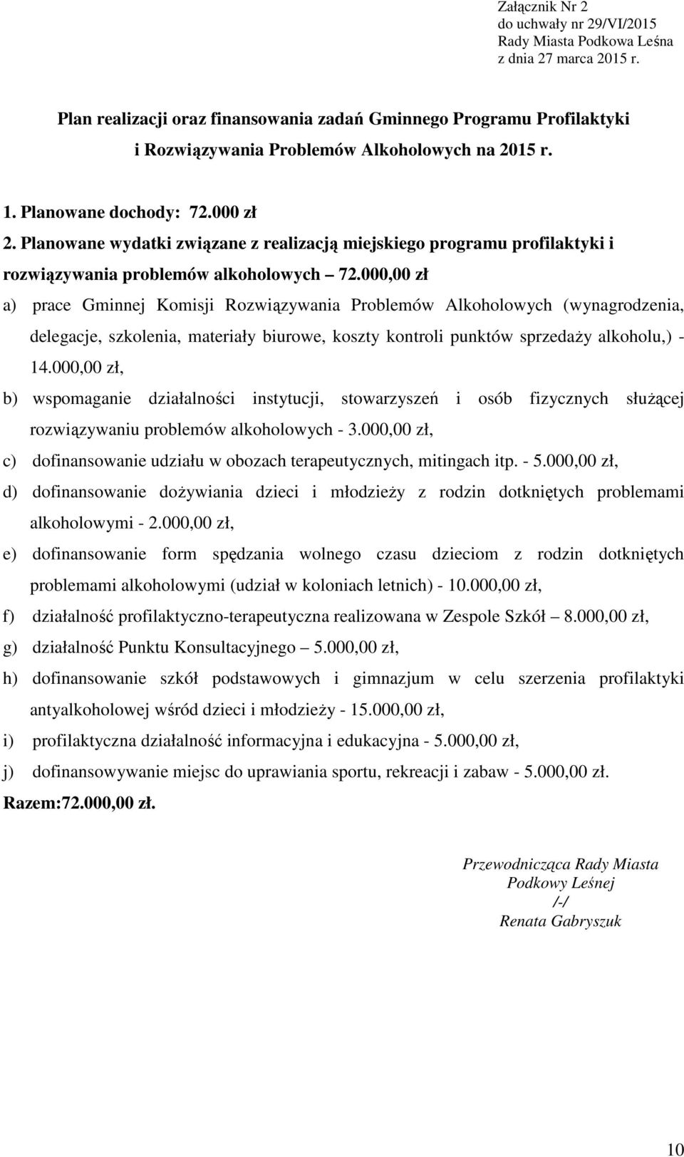 Planowane wydatki związane z realizacją miejskiego programu profilaktyki i rozwiązywania problemów alkoholowych 72.