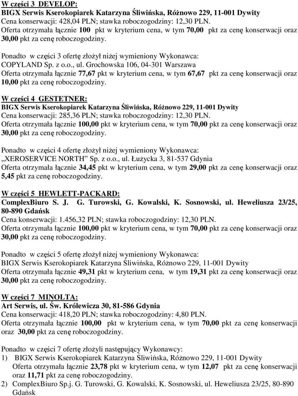Grochowska 106, 04-301 Warszawa Oferta otrzymała łącznie 77,67 pkt w kryterium cena, w tym 67,67 pkt za cenę konserwacji oraz 10,00 pkt za cenę roboczogodziny.