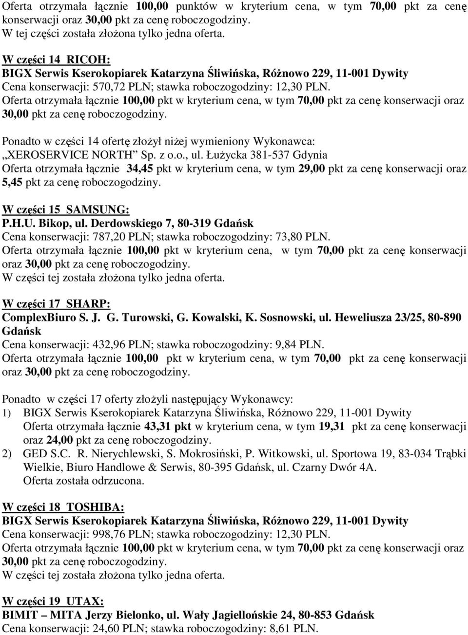 ŁuŜycka 381-537 Gdynia Oferta otrzymała łącznie 34,45 pkt w kryterium cena, w tym 29,00 pkt za cenę konserwacji oraz 5,45 pkt za cenę roboczogodziny. W części 15 SAMSUNG: P.H.U. Bikop, ul.