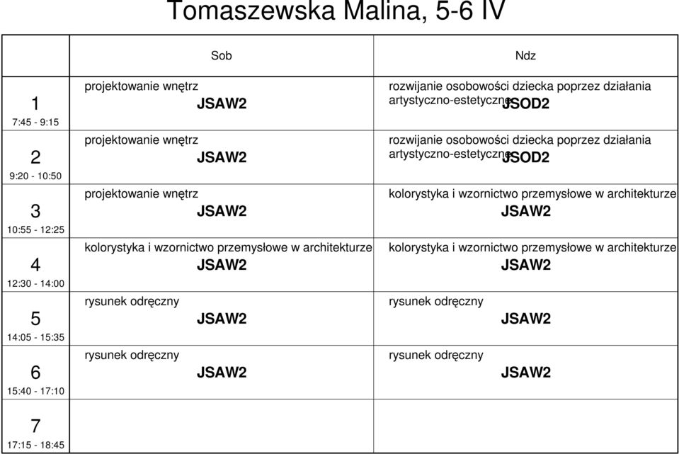 osobowości dziecka poprzez działania artystyczno-estetyczne JSOD kolorystyka i wzornictwo przemysłowe w architekturze JSAW kolorystyka i