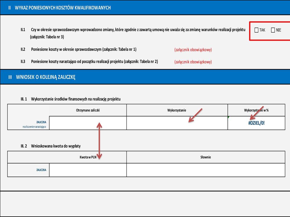 2 Poniesione koszty w okresie sprawozdawczym (załącznik: Tabela nr 1) (załącznik obowiązkowy) II.