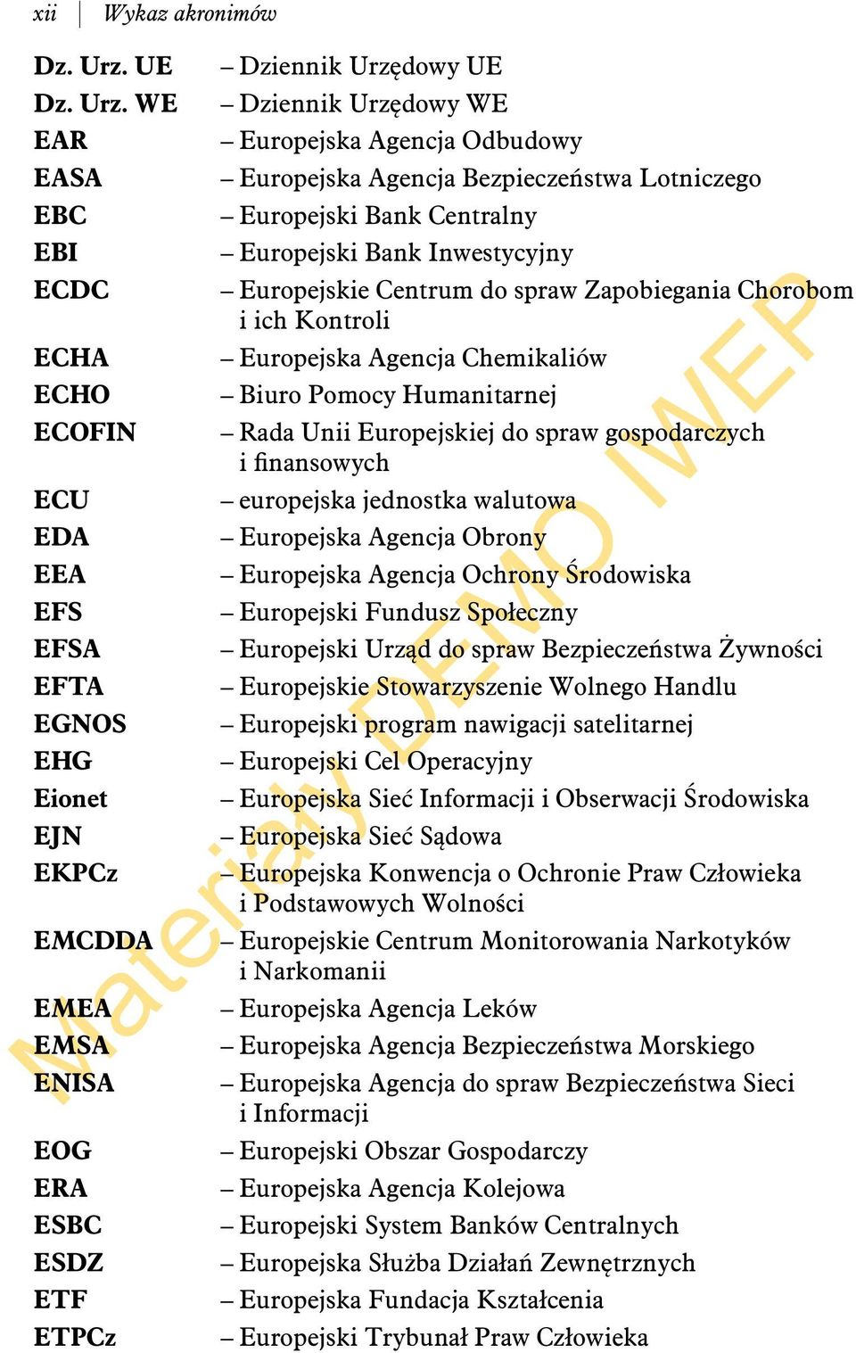 WE EAR EASA EBC EBI ECDC ECHA ECHO ECOFIN ECU EDA EEA EFS EFSA EFTA EGNOS EHG Eionet EJN EKPCz EMCDDA EMEA EMSA ENISA Dziennik Urzędowy UE Dziennik Urzędowy WE Europejska Agencja Odbudowy Europejska