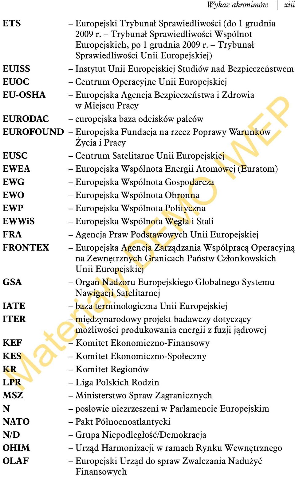 w Miejscu Pracy EURODAC europejska baza odcisków palców EUROFOUND Europejska Fundacja na rzecz Poprawy Warunków Życia i Pracy EUSC Centrum Satelitarne Unii Europejskiej EWEA Europejska Wspólnota