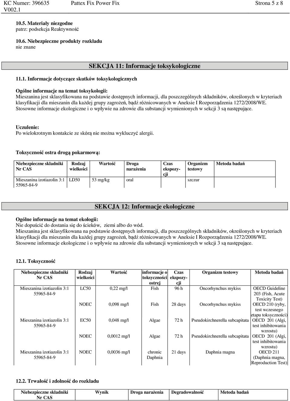 .6. Niebezpieczne produkty rozkładu nie znane 11