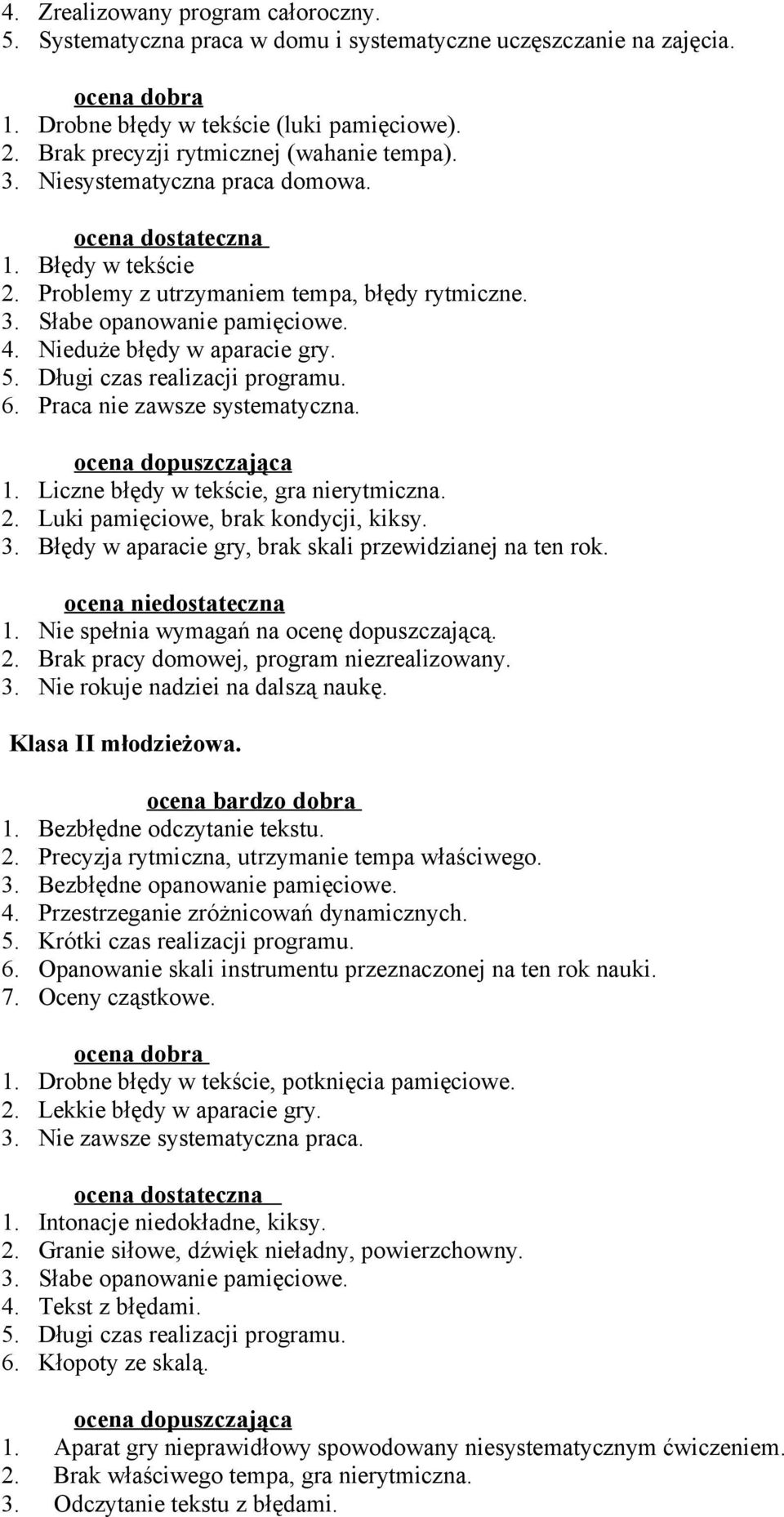 Nieduże błędy w aparacie gry. 5. Długi czas realizacji programu. 6. Praca nie zawsze systematyczna. ocena dopuszczająca 1. Liczne błędy w tekście, gra nierytmiczna. 2.