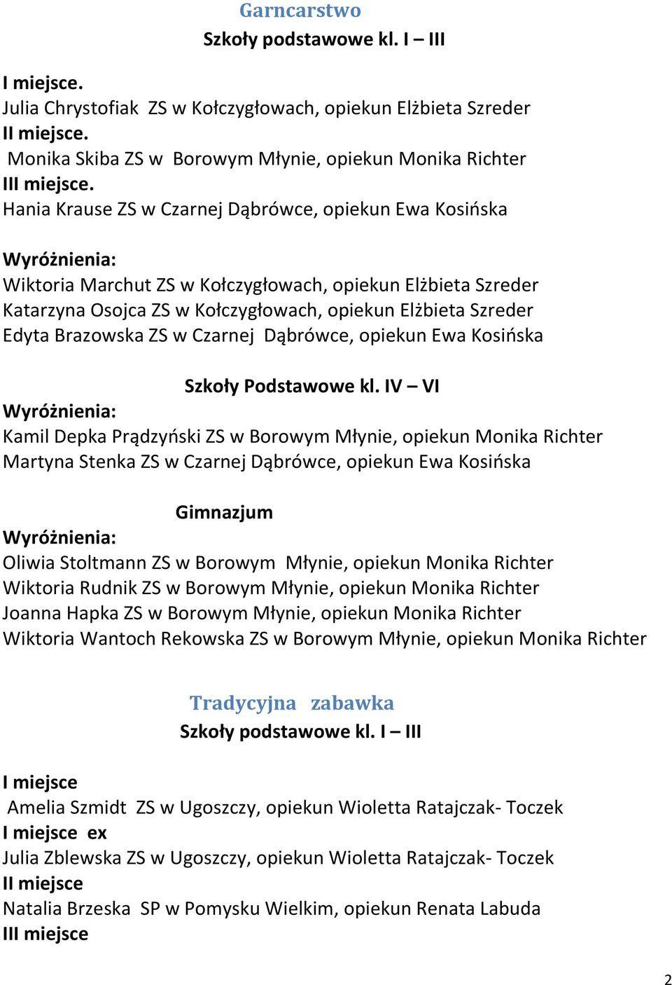 w Czarnej Dąbrówce, opiekun Ewa Kosińska Szkoły Podstawowe kl.