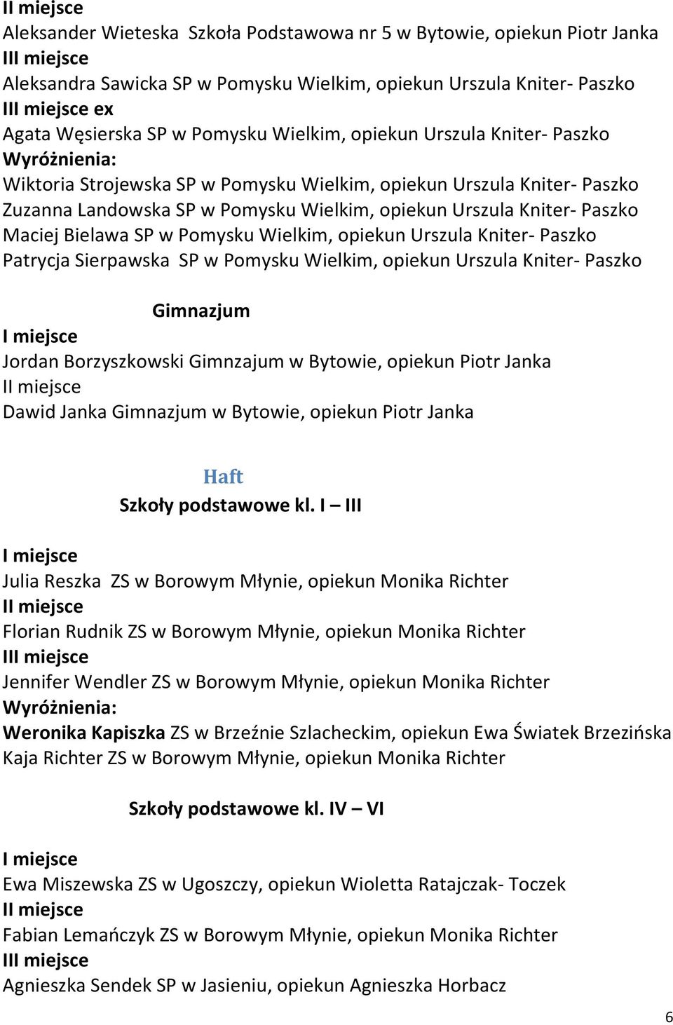 Pomysku Wielkim, opiekun Urszula Kniter- Paszko Patrycja Sierpawska SP w Pomysku Wielkim, opiekun Urszula Kniter- Paszko Jordan Borzyszkowski Gimnzajum w Bytowie, opiekun Piotr Janka I Dawid Janka w