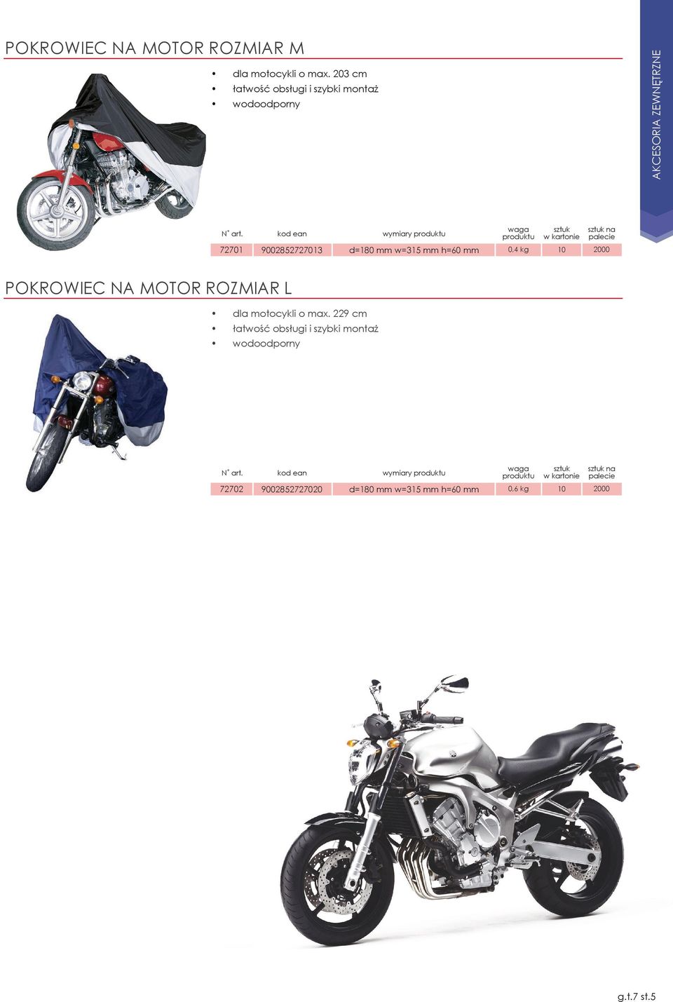 w=315 mm h=60 mm 0,4 kg 10 2000 Pokrowiec na motor ROZMIAR L dla motocykli o max.