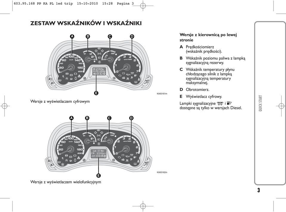 Prędkościomierz (wskaźnik prędkości). B Wskaźnik poziomu paliwa z lampką sygnalizacyjną rezerwy.
