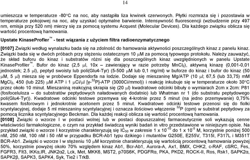 Upstate KinaseProfler - test wiązania z użyciem filtra radioenzymatycznego [0107] Związki według wynalazku bada się na zdolność do hamowania aktywności poszczególnych kinaz z panelu kinaz.