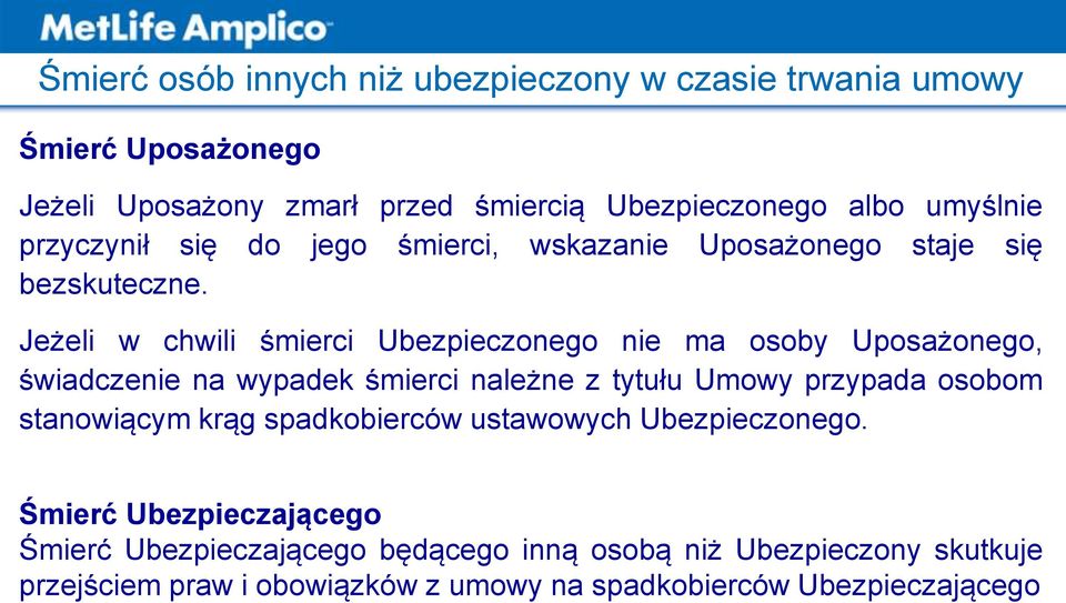 Jeżeli w chwili śmierci Ubezpieczonego nie ma osoby Uposażonego, świadczenie na wypadek śmierci należne z tytułu Umowy przypada osobom