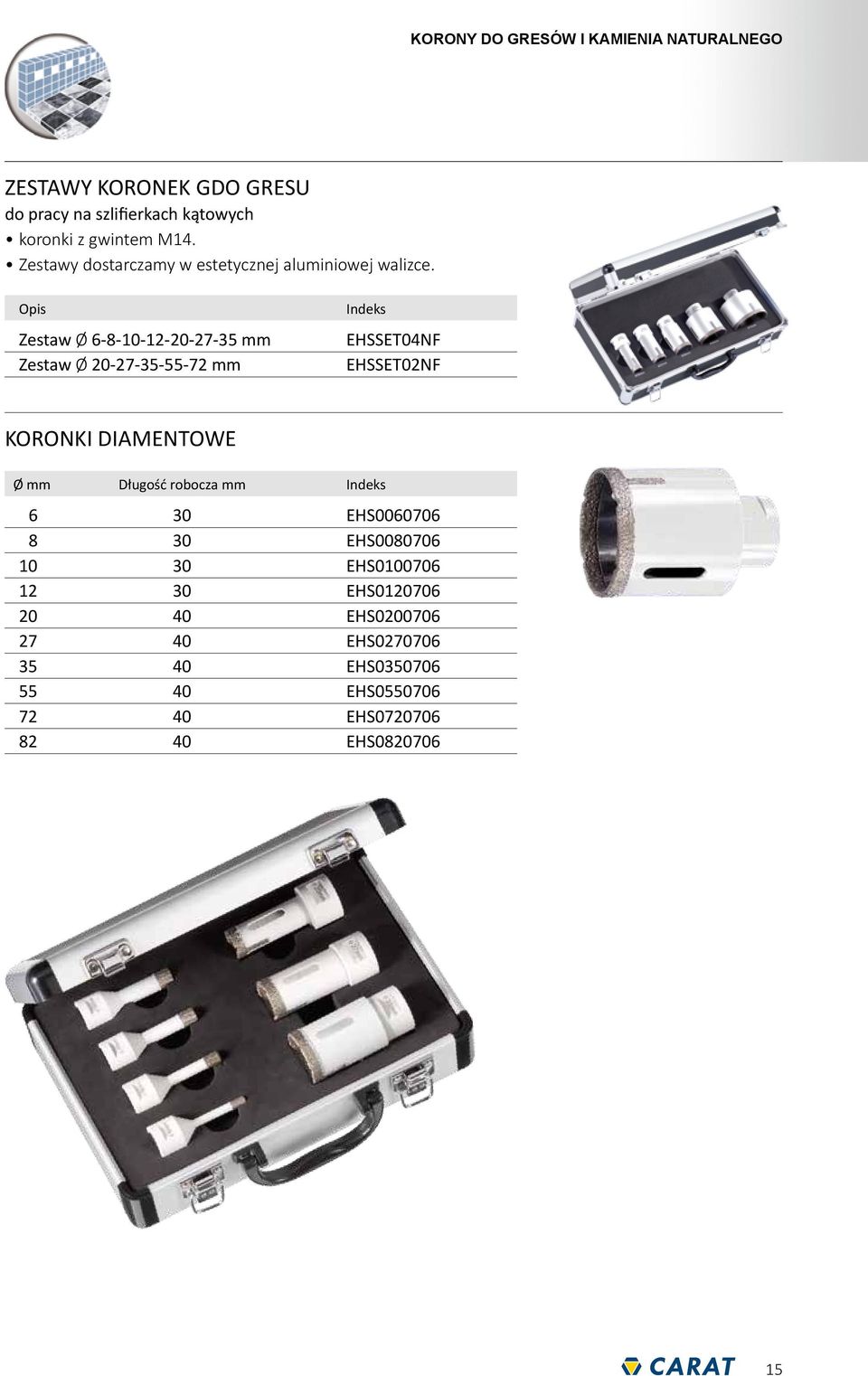 Opis Zestaw Ø 6-8-10-12-20-27-35 mm Zestaw Ø 20-27-35-55-72 mm Indeks EHSSET04NF EHSSET02NF KORONKI DIAMENTOWE Ø mm