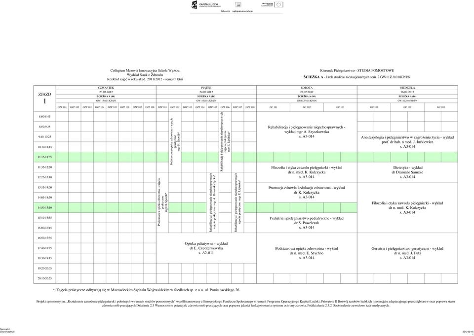 Kulczycka Promocja zdrowia i edukacja zdrowotna - wykład dr K. Kulczycka Pediatria i pielegniarstwo pediatryczne - wykład dr S. Pawełczak zagroŝeniu Ŝycia - wykład prof. dr hab. n med. J.