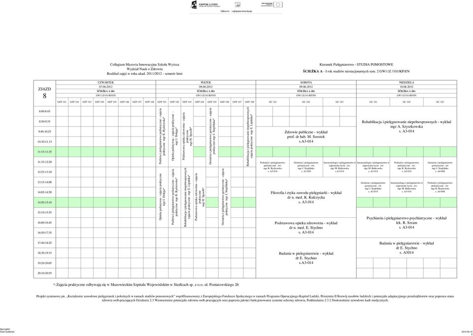 a3-014 Filozofia i etyka zawodu pielęgniarki - wykład dr n. med. K. Kulczycka wykład mgr A. Szyszkowska s. A4-008 s. A4-008 Psychiatria i pielęgniarstwo psychiatryczne - wykład lek. R.