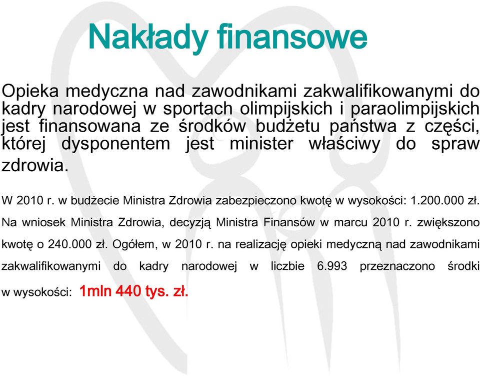 w budżecie Ministra Zdrowia zabezpieczono kwotę w wysokości: 1.200.000 zł. Na wniosek Ministra Zdrowia, decyzją Ministra Finansów w marcu 2010 r.