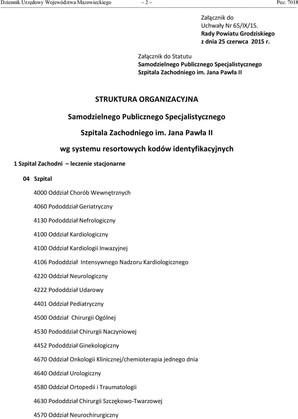 Jana Pawła II wg systemu resortowych kodów identyfikacyjnych 1 Szpital Zachodni leczenie stacjonarne 04 Szpital 4000 Oddział Chorób Wewnętrznych 4060 Pododdział Geriatryczny 4130 Pododdział