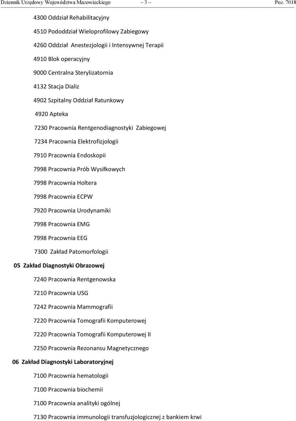 4902 Szpitalny Oddział Ratunkowy 4920 Apteka 7230 Pracownia Rentgenodiagnostyki Zabiegowej 7234 Pracownia Elektrofizjologii 7910 Pracownia Endoskopii 7998 Pracownia Prób Wysiłkowych 7998 Pracownia