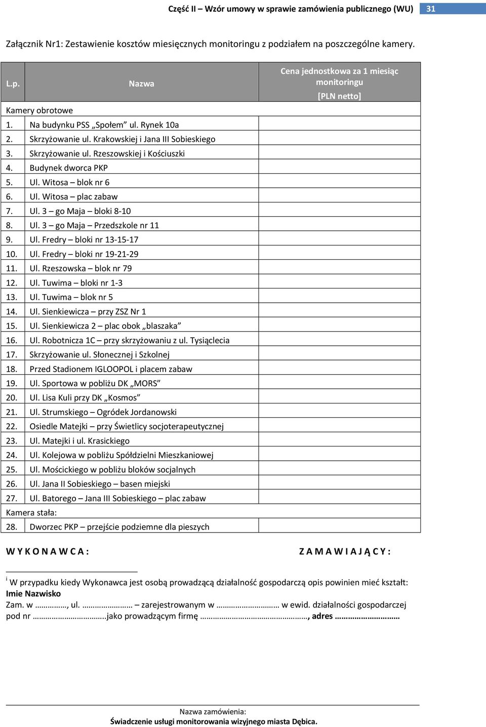 Ul. Fredry bloki nr 13-15-17 10. Ul. Fredry bloki nr 19-21-29 11. Ul. Rzeszowska blok nr 79 12. Ul. Tuwima bloki nr 1-3 13. Ul. Tuwima blok nr 5 14. Ul. Sienkiewicza przy ZSZ Nr 1 15. Ul. Sienkiewicza 2 plac obok blaszaka 16.