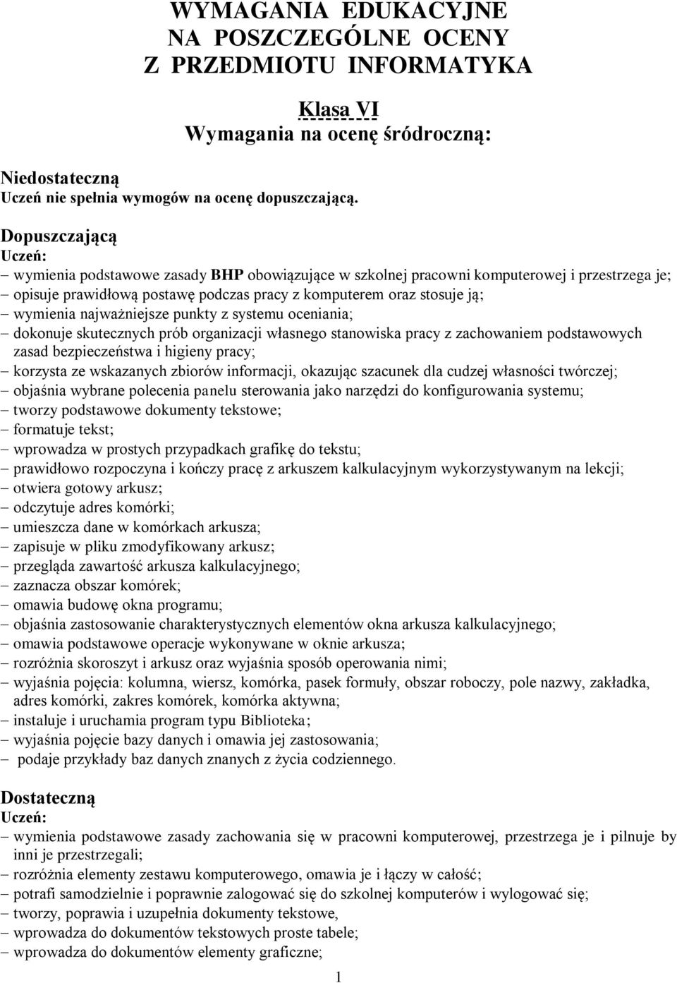 najważniejsze punkty z systemu oceniania; dokonuje skutecznych prób organizacji własnego stanowiska pracy z zachowaniem podstawowych zasad bezpieczeństwa i higieny pracy; korzysta ze wskazanych