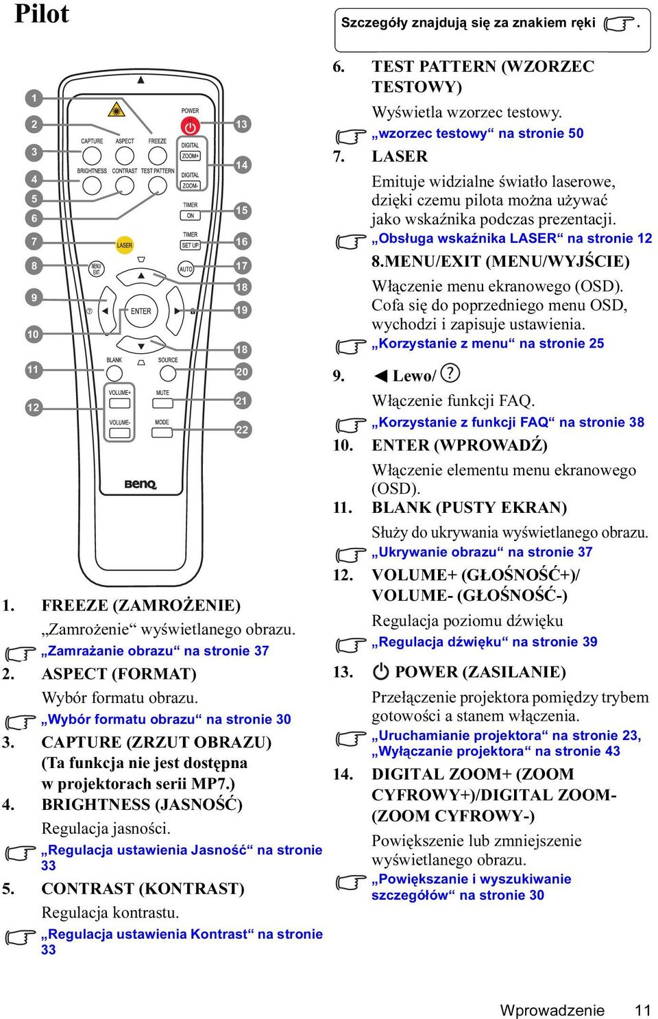 Regulacja ustawienia Jasność na stronie 33 5. CONTRAST (KONTRAST) Regulacja kontrastu. Regulacja ustawienia Kontrast na stronie 33 13 14 15 16 17 18 19 18 20 21 22 6.