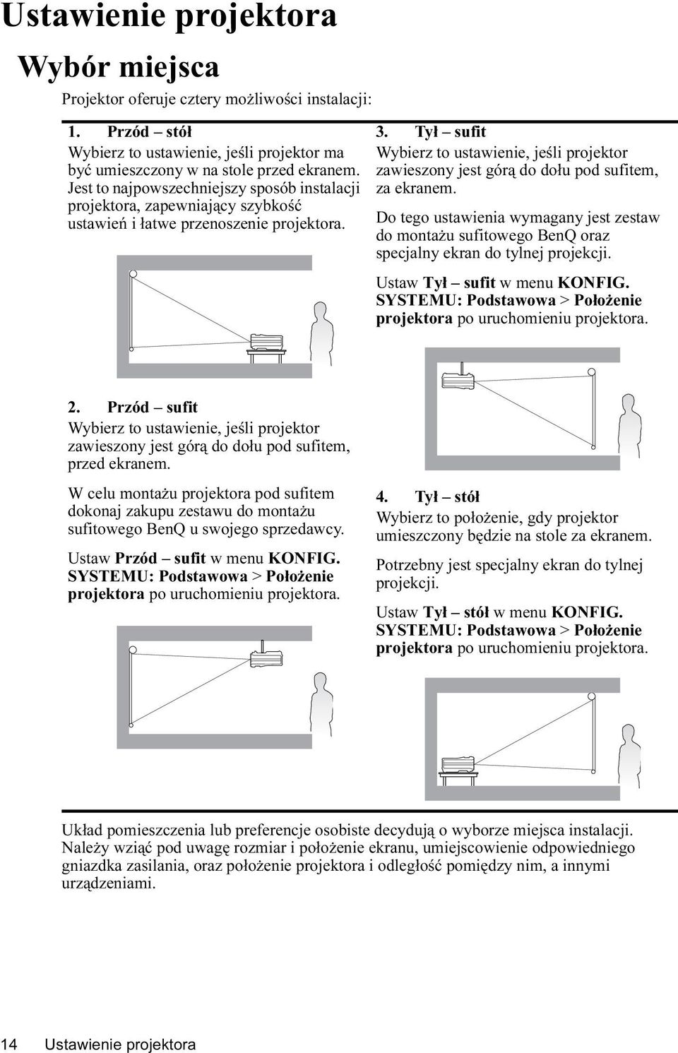 Tył sufit Wybierz to ustawienie, jeśli projektor zawieszony jest górą do dołu pod sufitem, za ekranem.