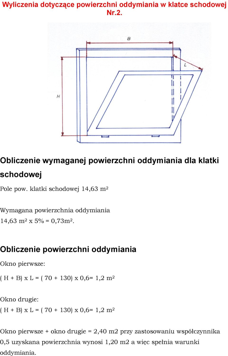 klatki schodowej 14,63 m 2 Wymagana powierzchnia oddymiania 14,63 m 2 x 5% = 0,73m 2.