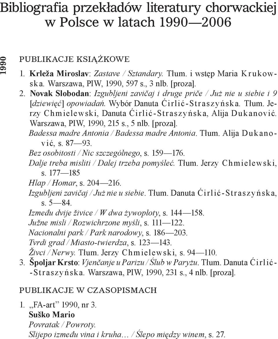 Jerzy Ch mielewski, Danuta Ćirlić St rasz y ńska, Alija Dukanović. Warszawa, PIW, 1990, 215 s., 5 nlb. [proza]. Badessa madre Antonia / Badessa madre Antonia. Tłum. Alija Dukanov ić, s. 87 93.