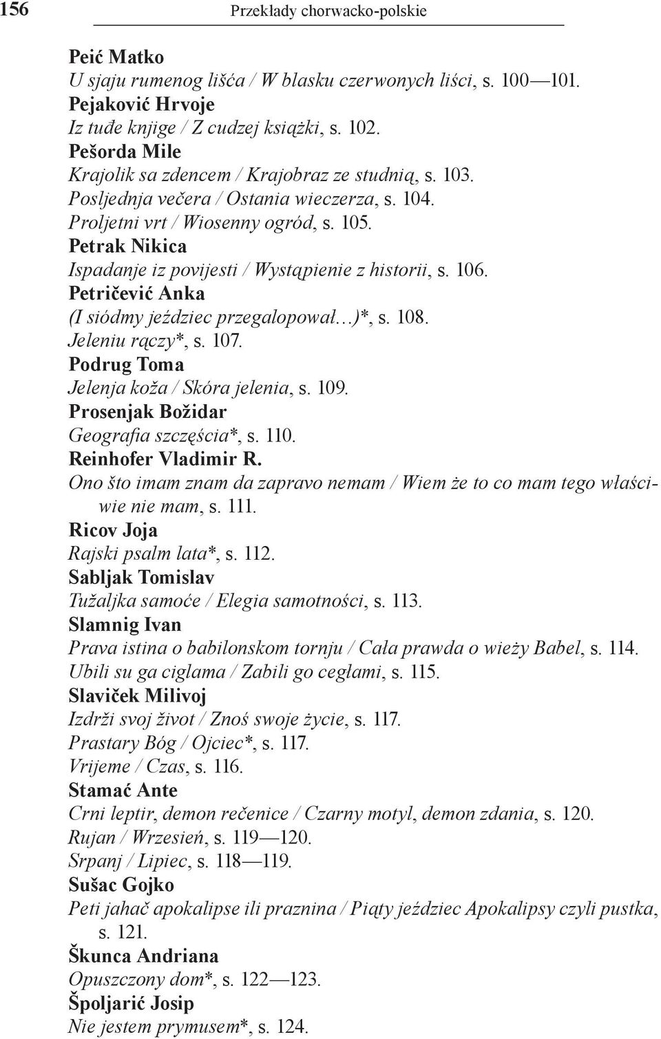 Petrak Nikica Ispadanje iz povijesti / Wystąpienie z historii, s. 106. Petričević Anka (I siódmy jeździec przegalopował )*, s. 108. Jeleniu rączy*, s. 107. Podrug Toma Jelenja koža / Skóra jelenia, s.