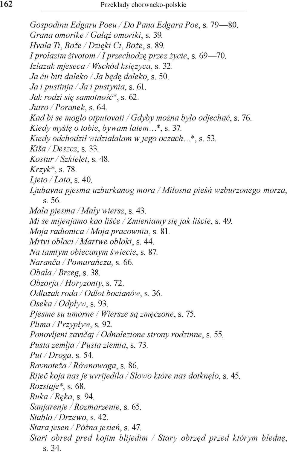 Jak rodzi się samotność*, s. 62. Jutro / Poranek, s. 64. Kad bi se moglo otputovati / Gdyby można było odjechać, s. 76. Kiedy myślę o tobie, bywam latem *, s. 37.